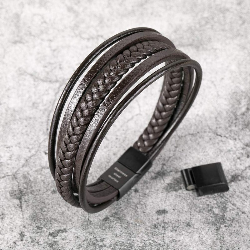 Murtoo Mens Leather Bracelet with Clasp Cowhide Multi-Layer Braided Leather Mens Bracelet - Image 4
